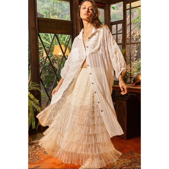 POL Cream Pearl Beaded Ruffle Tiered Tulle Maxi Skirt - Picture 2 of 11